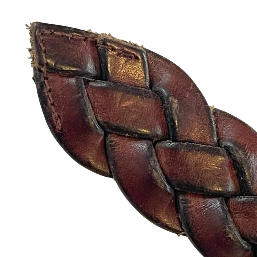 Brown Braided Leather Belt Square Buckle Chunky 90s Size L